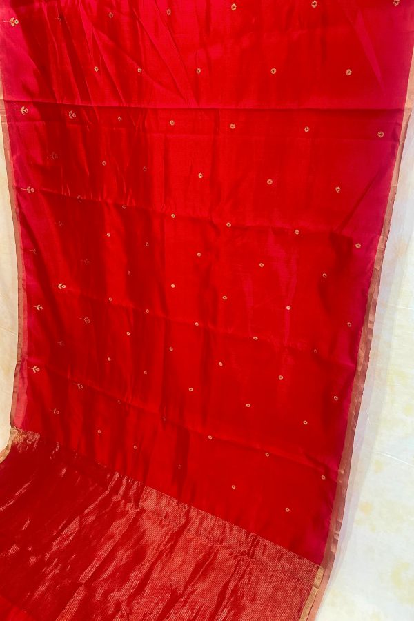 Handloom Silk Chanderi Saree - Mini Round Buta With Red Mina - Red Sale