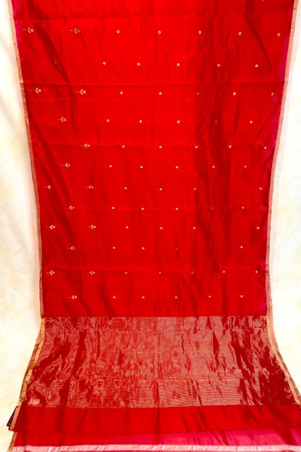 Handloom Silk Chanderi Saree - Mini Round Buta With Red Mina - Red Sale