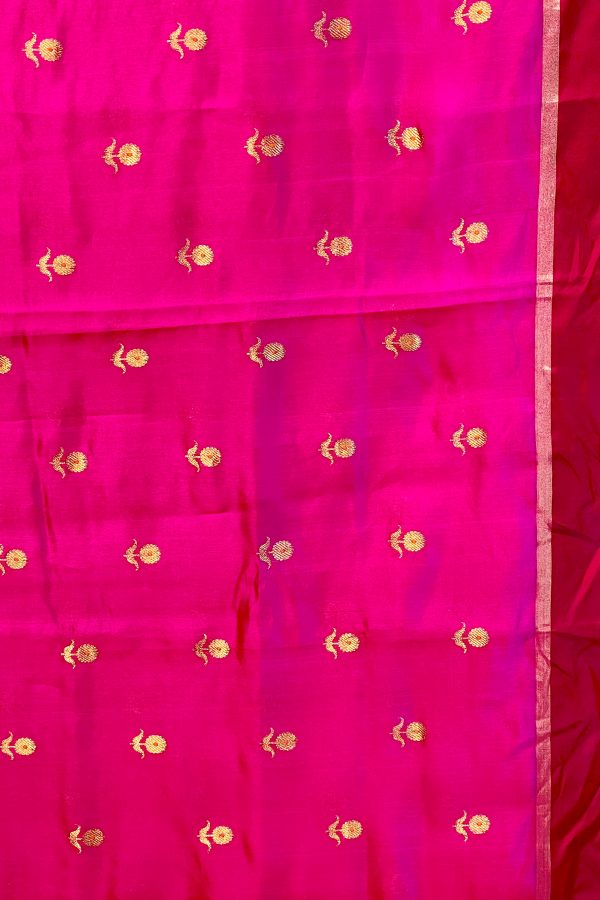 Handloom Chanderi Silk Saree Sun Flower Buta With Red Mina - Hot Pink Fashion