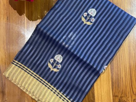 Handloom Chanderi Silk Saree Buta On Stripes Silver Zari - Navy Blue Online Sale