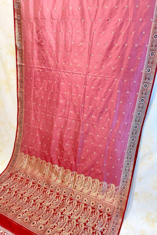 Real Zari Handloom Kadhua Banarasi Shalu Silk Satin Saree - Small Border - Sangita - All Gold Zari - Peach Red Hot on Sale