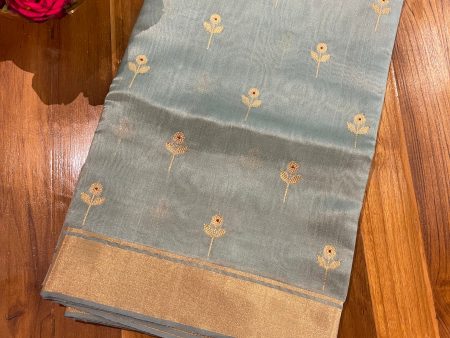 Handloom Chanderi Silk Saree Floral Buta With Red Mina - Sky Blue Online