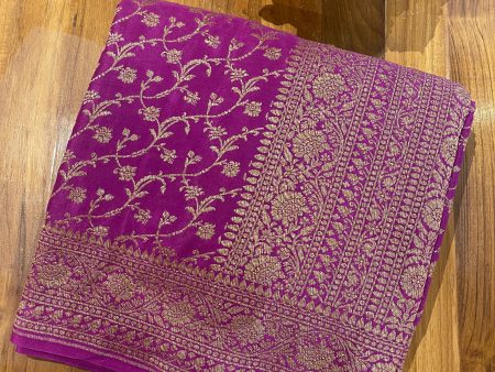 Handloom Fekua Banarasi Crepe Silk Saree - Jaal - Purple Online