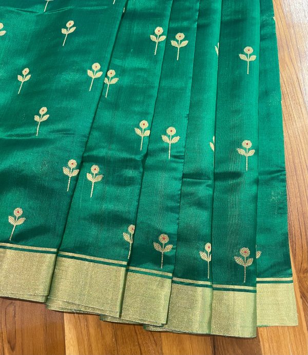 Handloom Chanderi Silk Saree Floral Buta With Red Mina - Green Online now