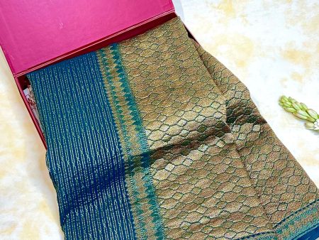 Handloom Fekua Banarasi Khaddi Georgette Silk Saree - Striped - Green Online now