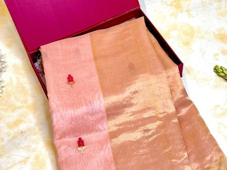 Handloom Silk Cotton Chanderi Saree - Marigold Buta - Peach Discount