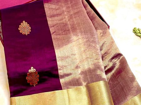 Handloom Silk Chanderi Saree - Fuldani Buta - Wine Online now