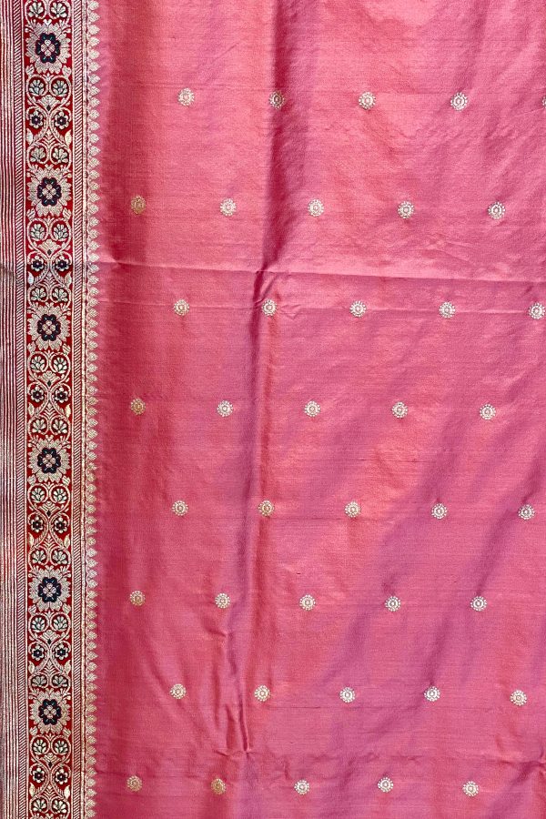 Real Zari Handloom Kadhua Banarasi Shalu Silk Satin Saree - Small Border - Sangita - All Gold Zari - Peach Red Hot on Sale