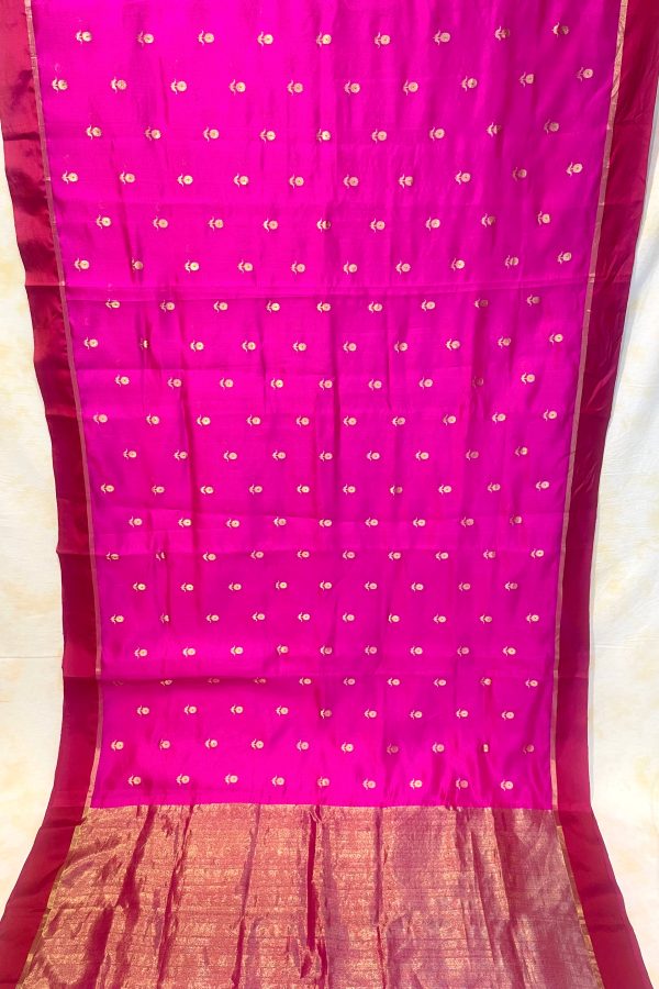 Handloom Chanderi Silk Saree Sun Flower Buta With Red Mina - Hot Pink Fashion