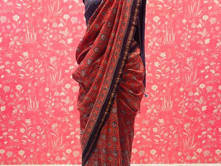 Ajrakh Mul Cotton Saree-Red Online now