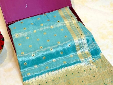 Handlloom Kadhua Banarasi Tissue Silk Saree- Big Border - Powder Blue Sale