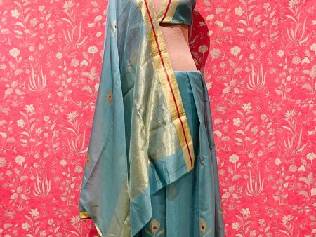 Handloom Chanderi Cotton Silk Saree-Peacock Feather -Powder Blue Discount