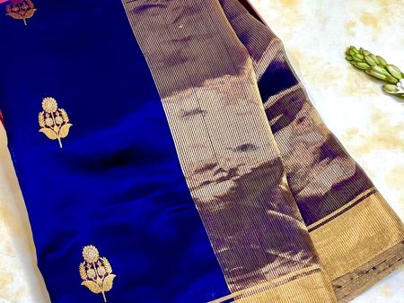 Handloom Silk Chanderi Saree - Sunflower Buta - Blue For Cheap