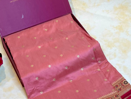 Real Zari Handloom Kadhua Banarasi Shalu Silk Satin Saree - Small Border - Sangita - All Gold Zari - Peach Red Hot on Sale