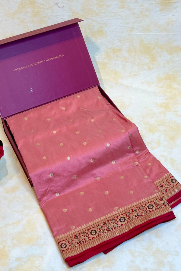 Real Zari Handloom Kadhua Banarasi Shalu Silk Satin Saree - Small Border - Sangita - All Gold Zari - Peach Red Hot on Sale