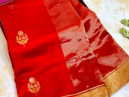 Handloom Silk Cotton Chanderi Saree - Sunflower Buta - Red Sale