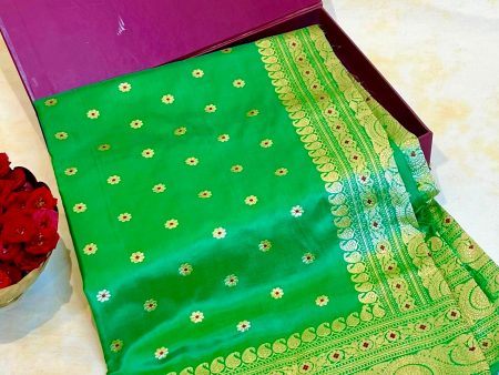 Handlloom Kadhua Banarasi Silk Saree- Big Border - Parrot Green Pink Meena Cheap