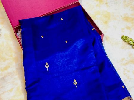 Handloom Silk Chanderi Saree - Mini Round Buta With Red Mina - Dark Blue Online Hot Sale