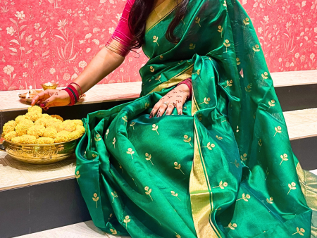 Handloom Chanderi Silk Saree Floral Buta With Red Mina - Green Online now