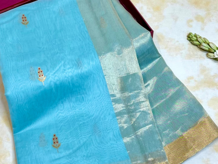 Handloom Silk Cotton Chanderi Saree - Marigold Buta - Light Blue Hot on Sale