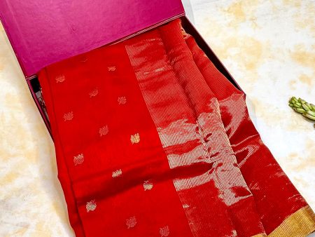 Handloom Chanderi Half Tissue Checks Pallu - Orange For Sale