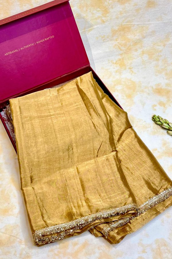 Handloom Chanderi Silk Saree With Lace - Gold For Cheap