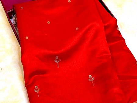 Handloom Silk Chanderi Saree - Mini Round Buta With Red Mina - Red Sale