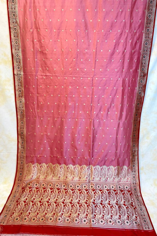 Real Zari Handloom Kadhua Banarasi Shalu Silk Satin Saree - Small Border - Sangita - All Gold Zari - Peach Red Hot on Sale