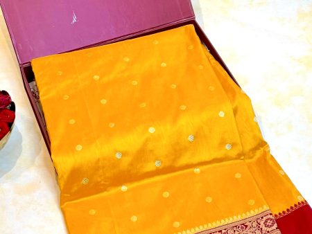 Real Zari Handloom Kadhua Banarasi Shalu Silk Satin Saree - Small Border - Sangita - All Gold Zari - Yellow Red Online