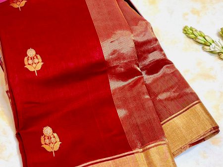 Handloom Silk Cotton Chanderi Saree - Sunflower Buta - Maroon Hot on Sale