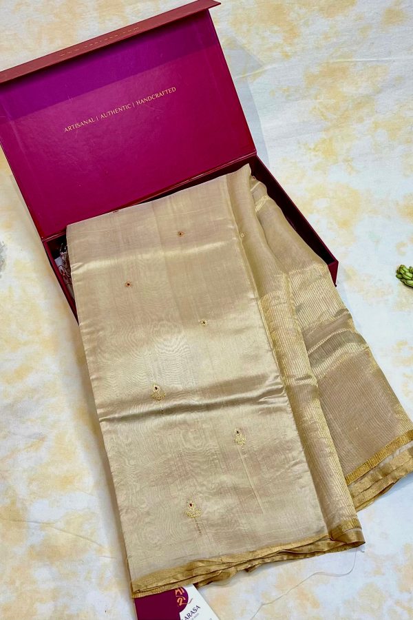 Handlooom Chanderi Silk Saree - Mini Round Buta With Red Mina - Gold Discount