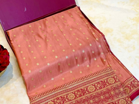 Handloom Kadhua Banarasi Shalu Silk Satin Saree - Sangita - Peach Pink - Pure Zari Sale